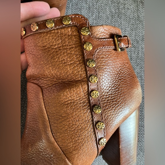 TORY BURCH Caramel Brown Leather Studded Ankle Boots - Picture 6 of 9
